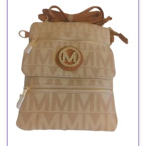 Milan tan crossbody purse rhinestone M design